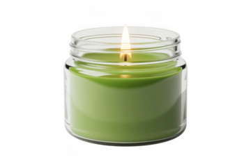 Light green candle in glass jar with flame lit flame isolated on a transparent background