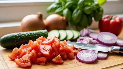 Freshly chopped vegetables including tomatoes, cucumbers, and onions on a wooden cutting board
