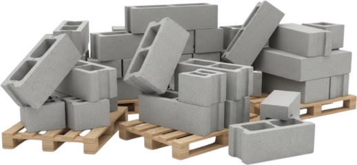 A pile of gray concrete cinder blocks is stacked on wooden pallets ready for construction or renovation projects showcasing building materials concrete blocks supply industrial heavy