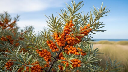 Closeup of sea buckthorn berries on a branch against a beautiful blue sky background