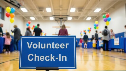 Fototapeta premium Volunteer checkin sign at a community event with colorful balloons in the background