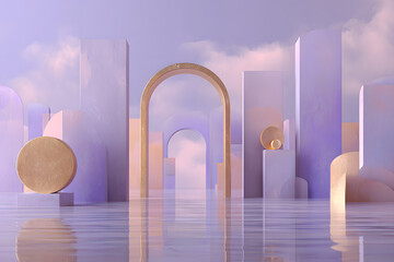 Serene abstract sculpture showcasing arches and shapes tranquil environment digital art viewpoint