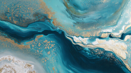 Teal Blue Gold Abstract Art Fluid Acrylic Painting Background Texture