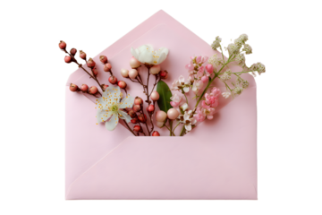 a pink envelope with a bunch of flowers in it