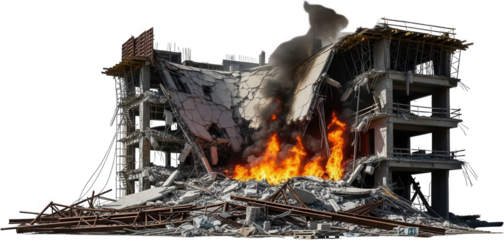 Damaged concrete building under construction engulfed in flames with thick smoke billowing upwards amid debris and rubble destruction fire disaster collapse blaze structure accident