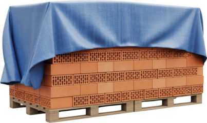 Stack of perforated clay bricks covered with a blue tarp resting on a wooden pallet ready for construction building material material terracotta ceramic building industry manufacturing
