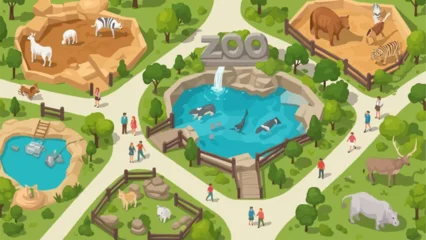 Fotobehang Zoo Illustrated overhead view of a vibrant zoo with various animal enclosures and visitors.  © Dolar