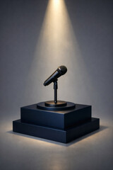 A black microphone stands on a two-tiered platform under a spotlight, creating a dramatic presentation and highlighting its central role.