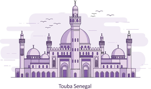 Vector line art illustration of the Great Mosque of Touba Senegal featuring prominent minarets and purple architectural accents.