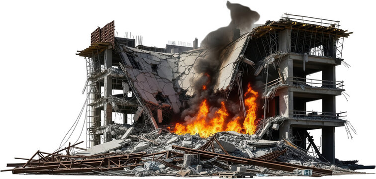 Damaged concrete building under construction engulfed in flames with thick smoke billowing upwards amid debris and rubble destruction fire disaster collapse blaze structure accident