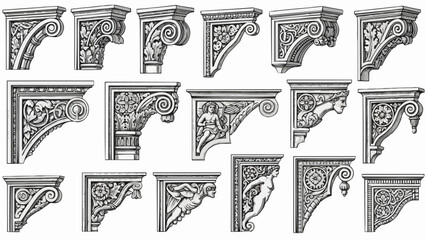 Collection of ornate architectural corbels and brackets with decorative carvings. © Dolar