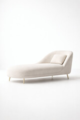 Elegant chaise lounge, upholstered in soft neutral fabric, accentuated by sleek golden legs and a plush square pillow for ultimate relaxation.