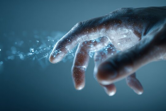 Human hand merging with digital energy, symbolizing artificial intelligence, transformation, and human technology integration.