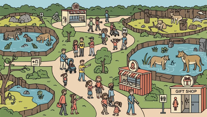 Obraz premium Illustration of a busy zoo with people and animals in enclosures.