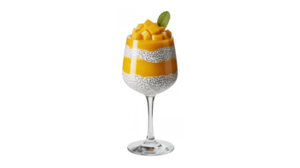 Mango and chia seed pudding in a wine glass with mint isolated on a transparent background