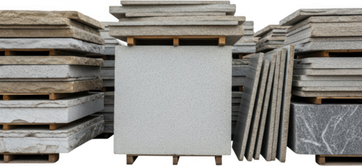 Stacked slabs of natural stone including granite and marble are displayed on wooden pallets in an outdoor material yard for construction or landscaping stone yard building exterior