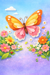 A whimsical digital illustration featuring a colorful butterfly amidst a field of vibrant flowers under a soft, dreamy sky. Art for kids and more.