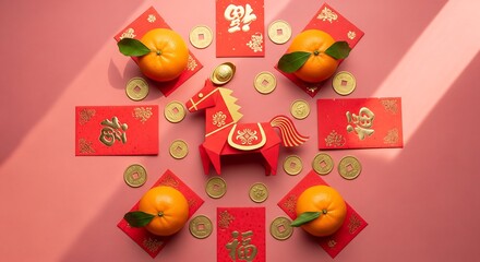 Celebrating Chinese New Year with a Horse Flat Lay Arrangement of Oranges and Gold Coins on a Pink Background