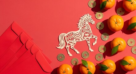 Celebrate Chinese New Year with a Horse Flat Lay Featuring Oranges and Red Envelopes Festive Decoration Vibrant Color Palette