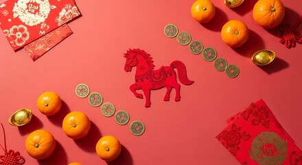 Chinese New Year Celebration with Horse Figurine Flat Lay of Oranges and Coins Festive Red Background