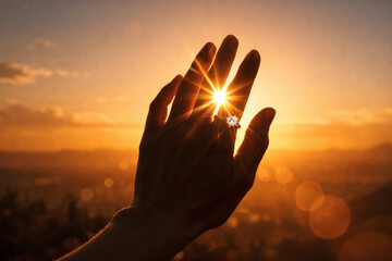 Sunset ring bliss: a hand reaches for the sun, its warmth highlighting the promise of love and new beginnings. It is time for a new adventure.
