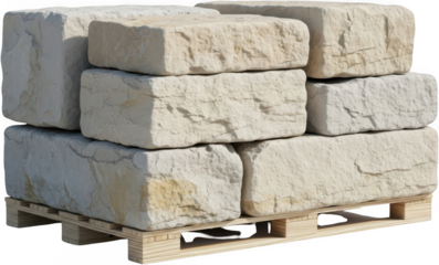 Stacked light beige quarried stone blocks with rough textures sit on a wooden pallet ready for construction or landscaping projects building materials beige stone natural stone material