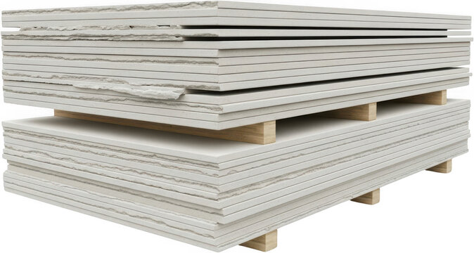 A stack of plasterboard sheets also known as drywall or gypsum board rests on wooden supports showcasing building materials for interior construction industry panel sheetrock renovation
