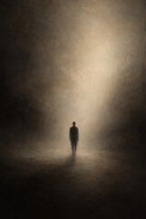 A lone figure stands silhouetted against an ethereal, light-filled backdrop, creating a profound sense of mystery and introspection.