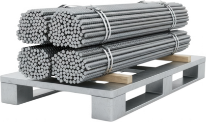 Stacked bundles of metal rebar and reinforcing steel bars securely tied with metal straps resting on a grey industrial pallet with wooden supports 184 characters construction reinforcement