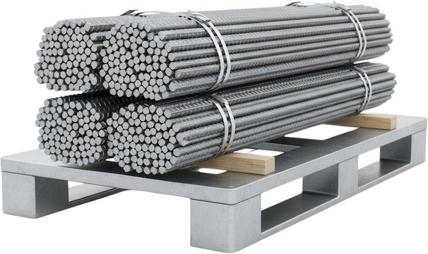 Stacked bundles of metal rebar and reinforcing steel bars securely tied with metal straps resting on a grey industrial pallet with wooden supports 184 characters construction reinforcement