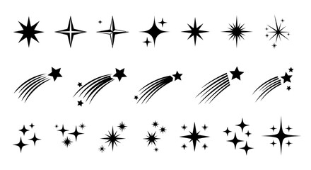Set of various black star icons including shooting stars and sparkles in different styles.