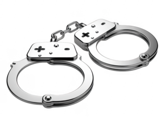 Metal handcuffs with chain link silver isolated on a transparent background