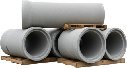 Several large grey concrete pipes are stacked on wooden pallets suggesting construction materials for infrastructure projects building material civil engineering drainage sewage heavy