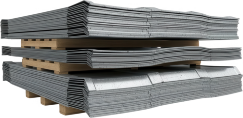 Stacked corrugated metal sheets with a grey brushed finish resting on wooden pallets showcasing industrial materials for construction and fabrication stacked metal warehouse storage
