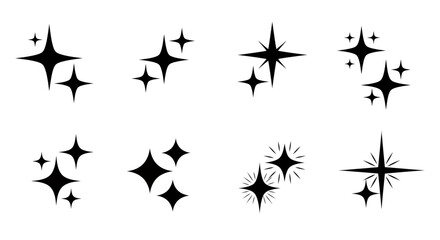 Fototapeta premium Set of eight black star sparkle icons with various shapes on a white background.