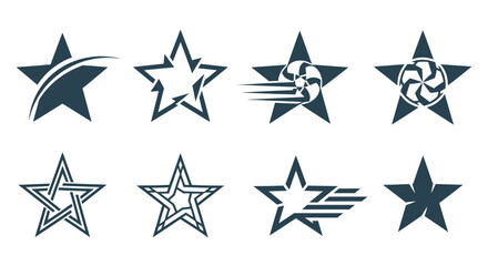 Obraz premium Set of eight abstract star icons with various creative graphic designs in black on white background.