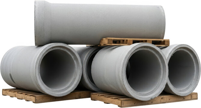 Several large grey concrete pipes are stacked on wooden pallets suggesting construction materials for infrastructure projects building material civil engineering drainage sewage heavy