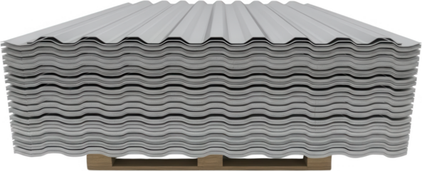 Stacked sheets of corrugated metal roofing material are neatly arranged on a wooden pallet showcasing their industrial texture and uniformity industry construction building panel pattern