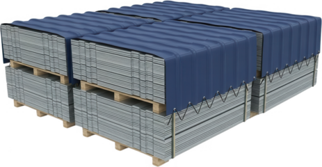 Stacked gypsum boards on wooden pallets covered with a blue tarp secured with ropes and metal grommets ready for transport drywall construction materials storage logistics transportation