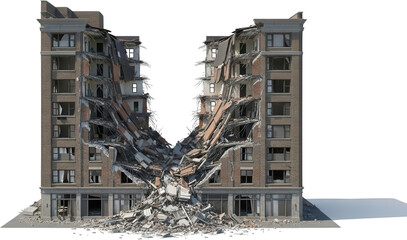 Fototapeta premium A severely damaged brick apartment building with its central floors collapsed and debris scattered around the exterior Disaster scene with structural collapse destroyed ruin architecture