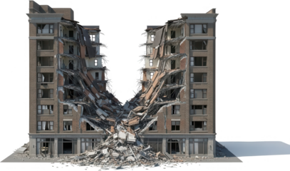 A severely damaged brick apartment building with its central floors collapsed and debris scattered around the exterior Disaster scene with structural collapse destroyed ruin architecture
