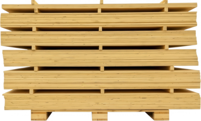 Stacked sheets of pale yellow plywood with visible wood grain and texture are neatly arranged on wooden pallets showcasing a construction material lumber timber building panel raw natural