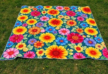 Large, vibrant floral pattern flat picnic blanket unfolded on grass,   rest,   picnic time