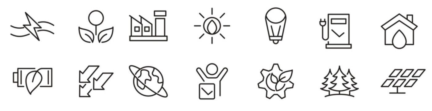 Renewable Energy line icon set. Green technology, energy, power, supply, ecology, eco, electricity, neutral, leaf, nature, solar, panel Line icon set. Ui thin line icon pack.