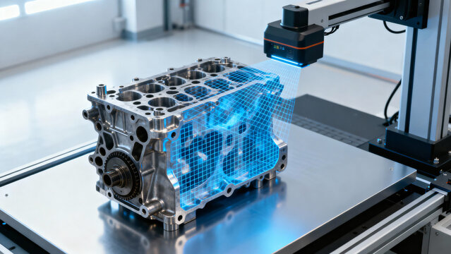 High-Tech Engine Block with 3D Scanning Visualization in Modern Workshop - Powered by Adobe