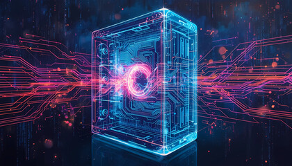 Futuristic circuit box with neon lights and glowing core