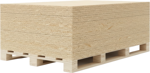 Stacked composite wood boards with wood grain texture resting on a wooden shipping pallet ready for transportation and construction construction material lumber building material raw material