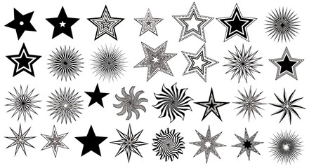 Collection of various black and white star and sunburst shapes in different styles and patterns.