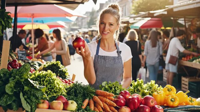 Woman selling fresh produce at a bustling outdoor farmers market with vibrant fruits and vegetables on display