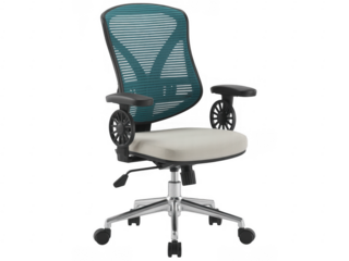Modern office chair with white seat and blue backrest isolated on a transparent background